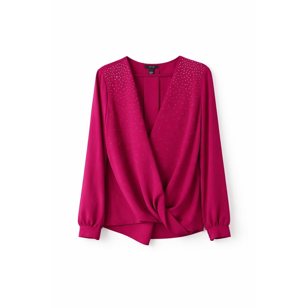 Alfani Fuchsia Studded Surplice Blouse Large Long Sleeve L Y2K Party Top